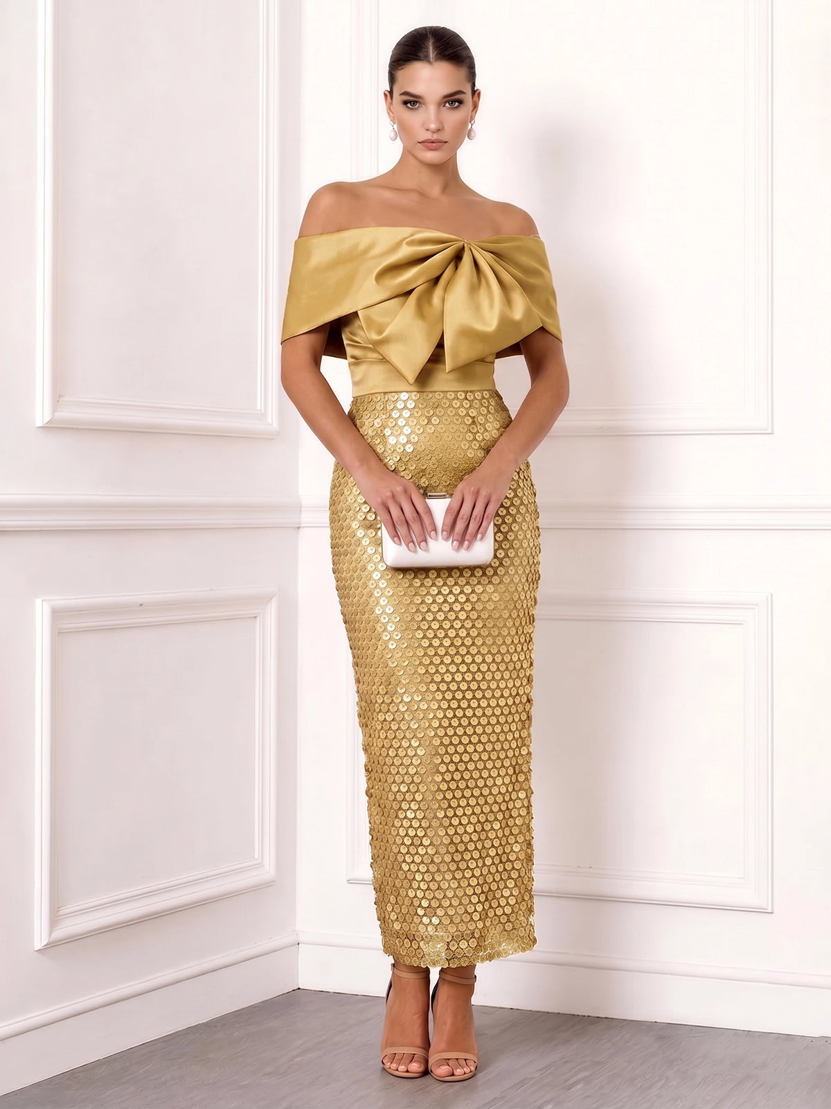Sheath/Column Cocktail Dresses Sequins Satin Off-The-Shoulder With Bow Short Sleeves Ankle-Length Zipper Elegant Formal Dress