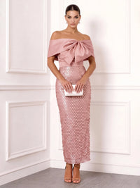 Sheath/Column Cocktail Dresses Sequins Satin Off-The-Shoulder With Bow Short Sleeves Ankle-Length Zipper Elegant Formal Dress