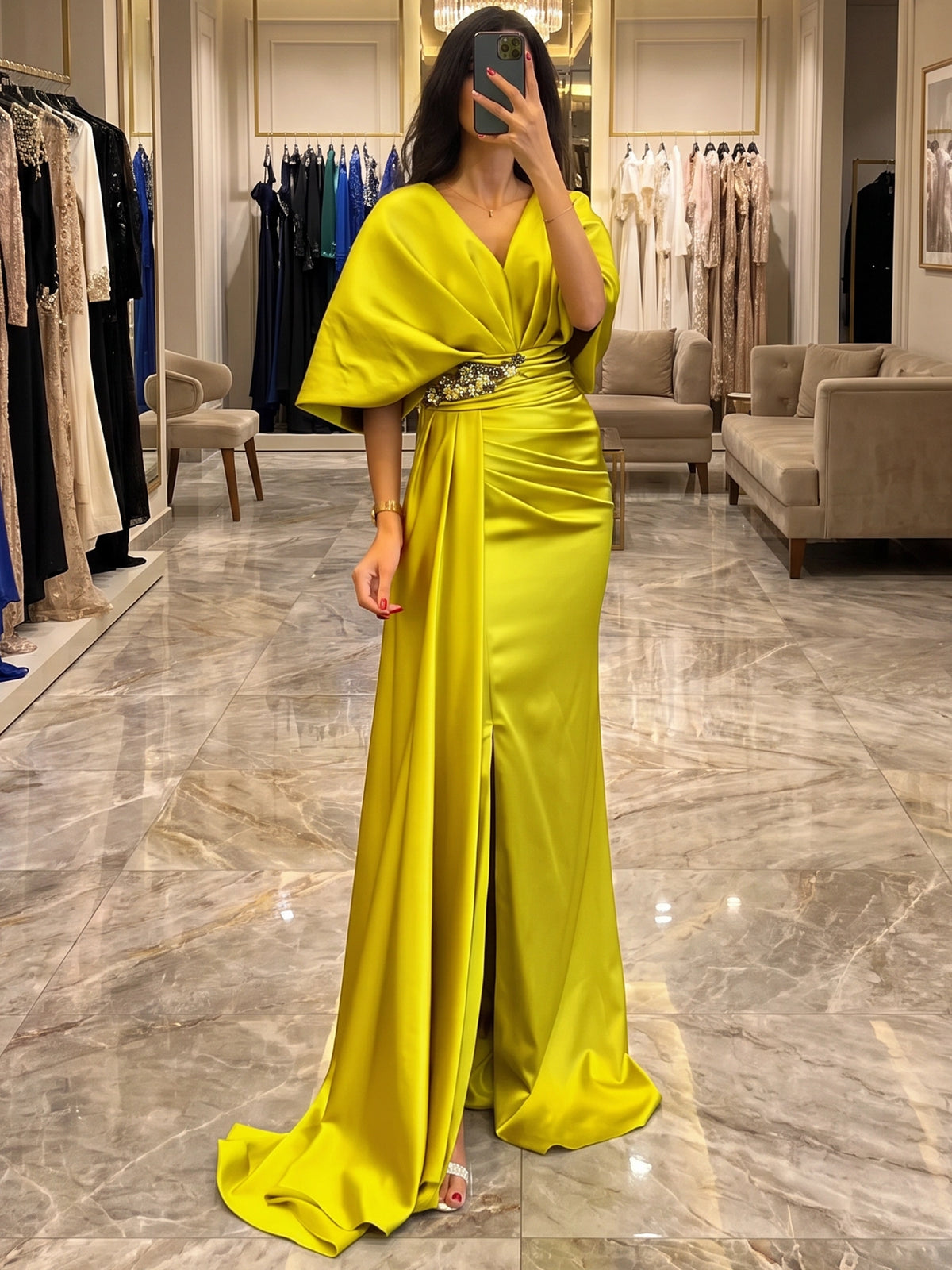 A字型/公主式晚礼服 优雅正装 落地款 无袖 V领 缎面 带蝴蝶结