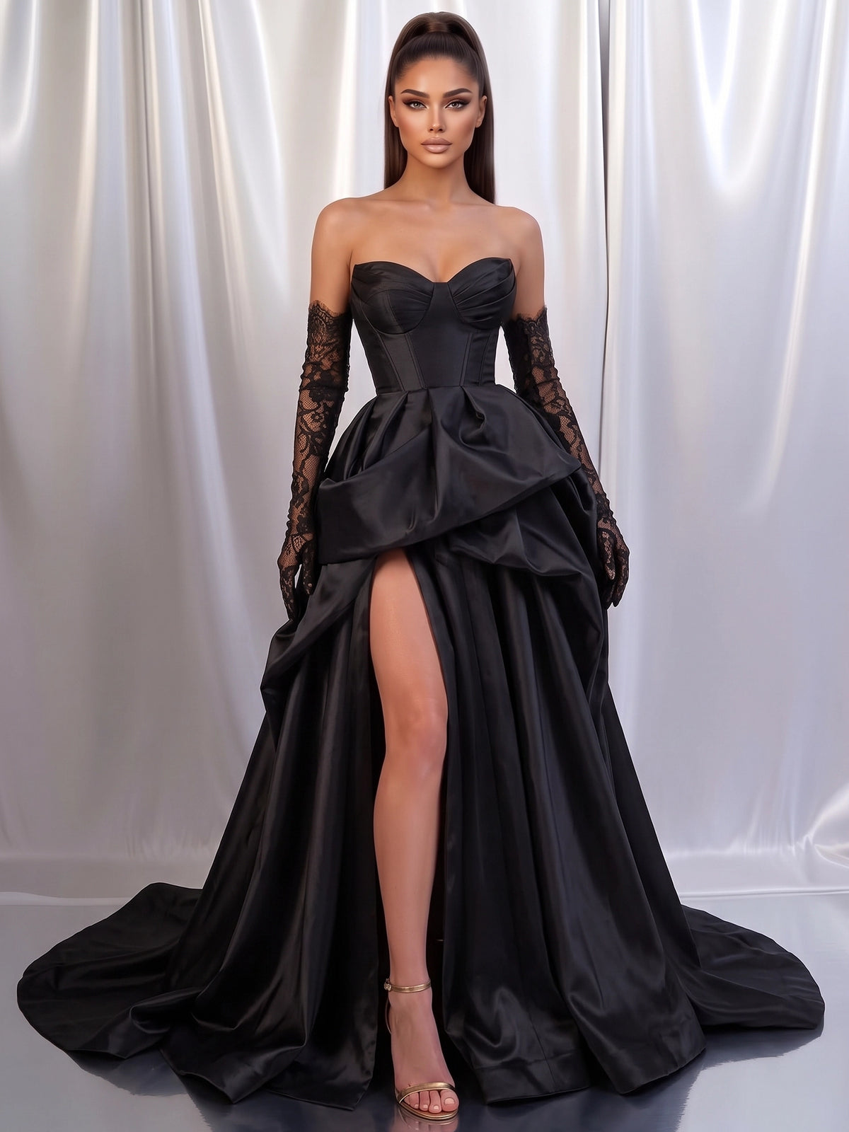 A-Line/Princess Satin Evening Gown Formal Dress Runched Floor Length Sleeveless Strapless Black With High Slit
