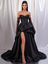 A-Line/Princess Satin Evening Gown Formal Dress Runched Floor Length Sleeveless Strapless Black With High Slit