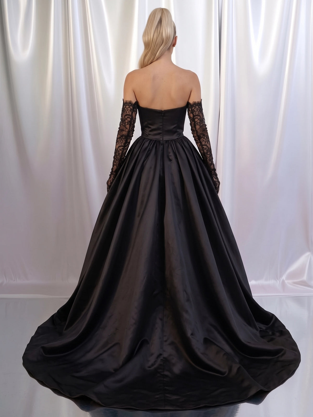 A-Line/Princess Satin Evening Gown Formal Dress Runched Floor Length Sleeveless Strapless Black With High Slit