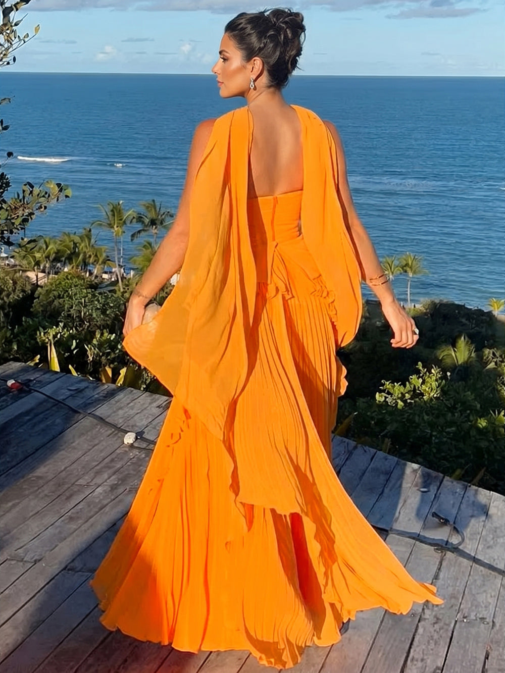 A Line/Princesses Evening Dresses Orange Grecian Style Chiffon Strapless Floor-Length Formal Dress Wedding Guest Layered With Scarf