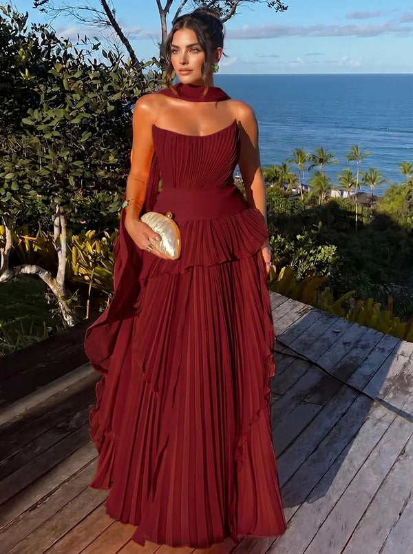 A Line/Princesses Evening Dresses Orange Grecian Style Chiffon Strapless Floor-Length Formal Dress Wedding Guest Layered With Scarf