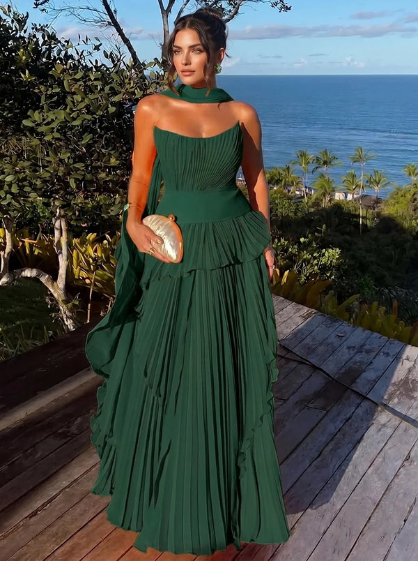 A Line/Princesses Evening Dresses Orange Grecian Style Chiffon Strapless Floor-Length Formal Dress Wedding Guest Layered With Scarf