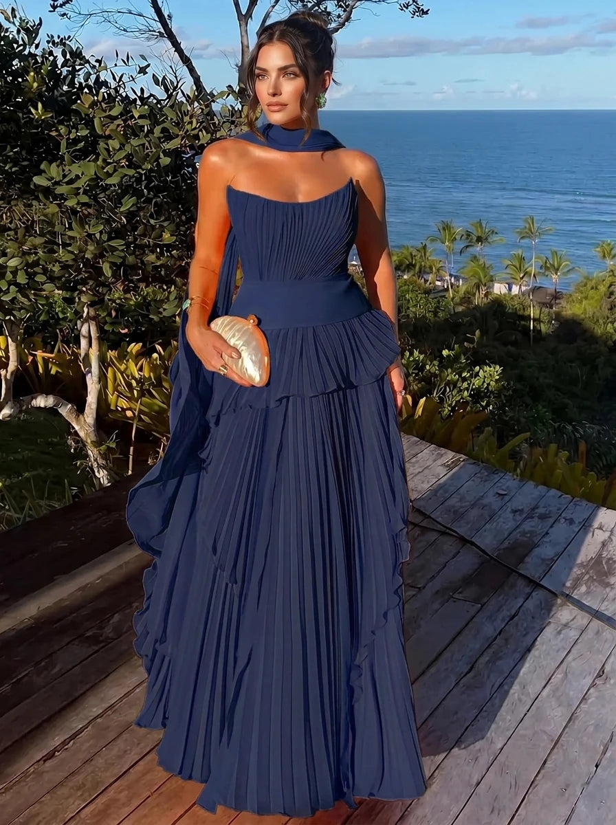 Nafori Dark Navy A Line/Princesses Evening Dresses Orange Grecian Style Chiffon Strapless Floor-Length Formal Dress Wedding Guest Layered With Scarf