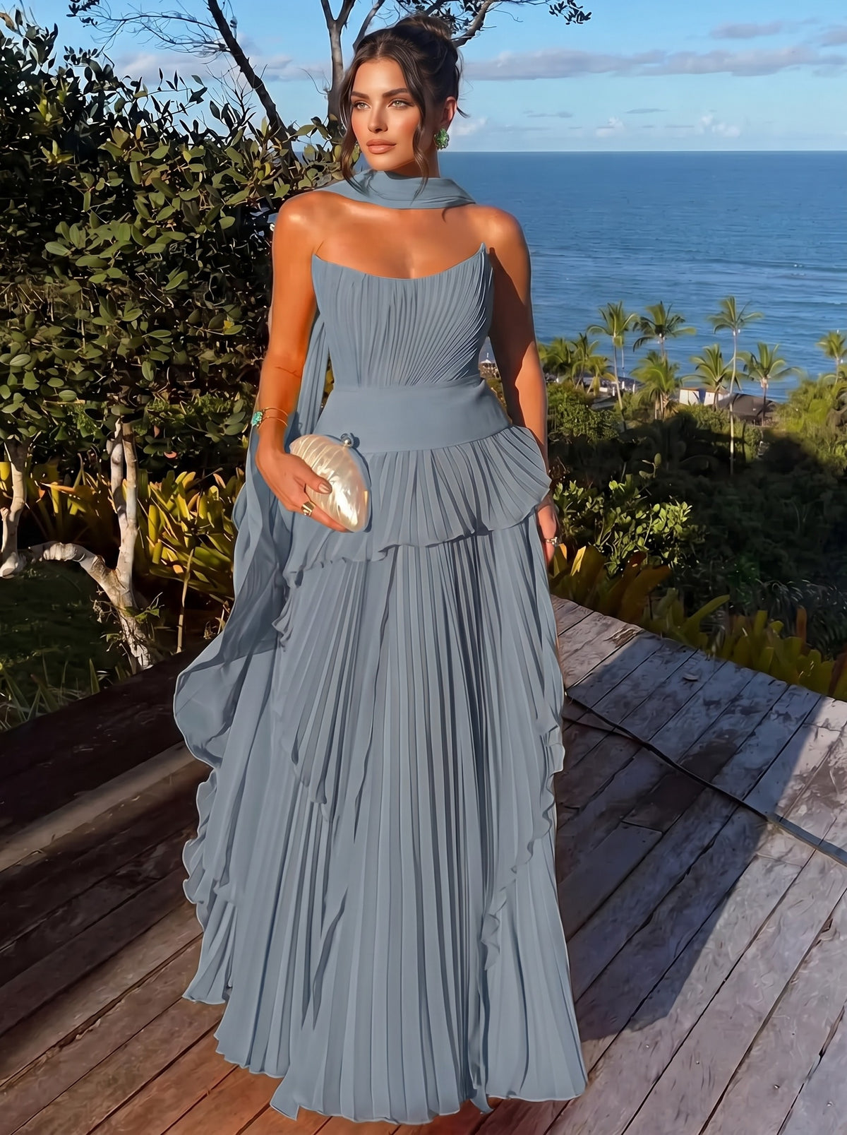Nafori Sky Blue A Line/Princesses Evening Dresses Orange Grecian Style Chiffon Strapless Floor-Length Formal Dress Wedding Guest Layered With Scarf