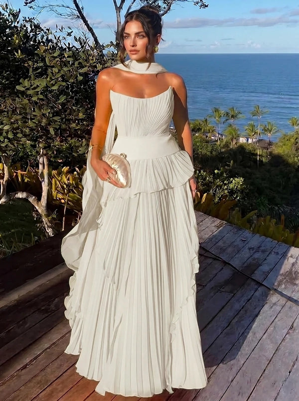 A Line/Princesses Evening Dresses Orange Grecian Style Chiffon Strapless Floor-Length Formal Dress Wedding Guest Layered With Scarf