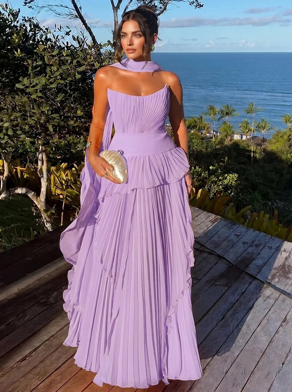 A Line/Princesses Evening Dresses Orange Grecian Style Chiffon Strapless Floor-Length Formal Dress Wedding Guest Layered With Scarf