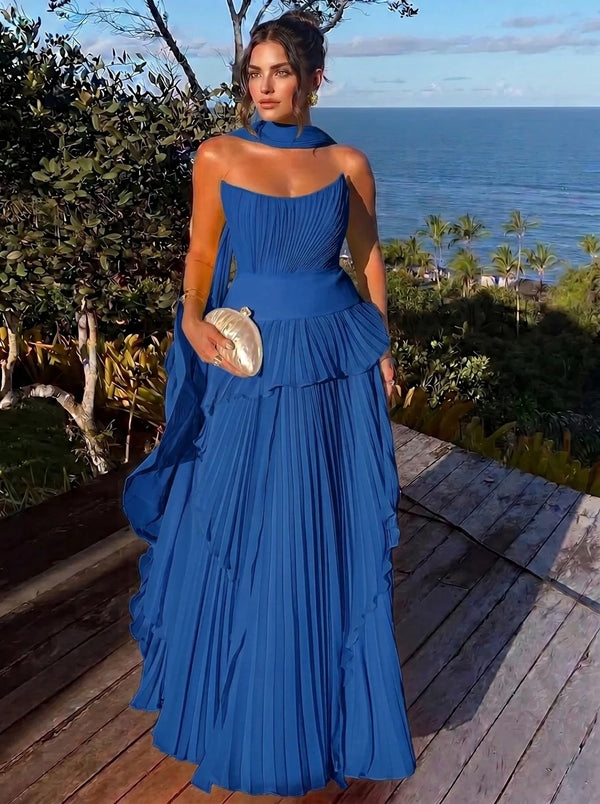 A Line/Princesses Evening Dresses Orange Grecian Style Chiffon Strapless Floor-Length Formal Dress Wedding Guest Layered With Scarf