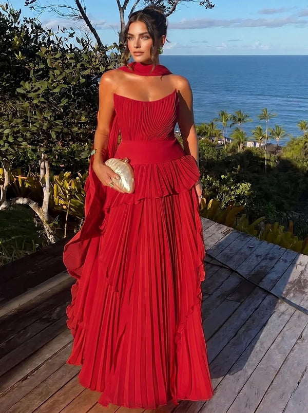 A Line/Princesses Evening Dresses Orange Grecian Style Chiffon Strapless Floor-Length Formal Dress Wedding Guest Layered With Scarf