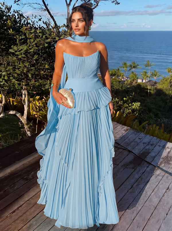 A Line/Princesses Evening Dresses Orange Grecian Style Chiffon Strapless Floor-Length Formal Dress Wedding Guest Layered With Scarf