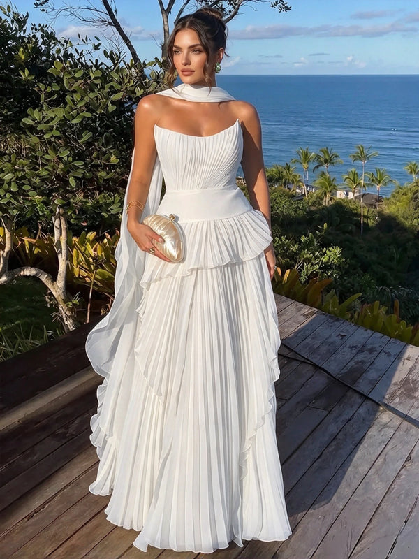 A Line/Princesses Evening Dresses Orange Grecian Style Chiffon Strapless Floor-Length Formal Dress Wedding Guest Layered With Scarf