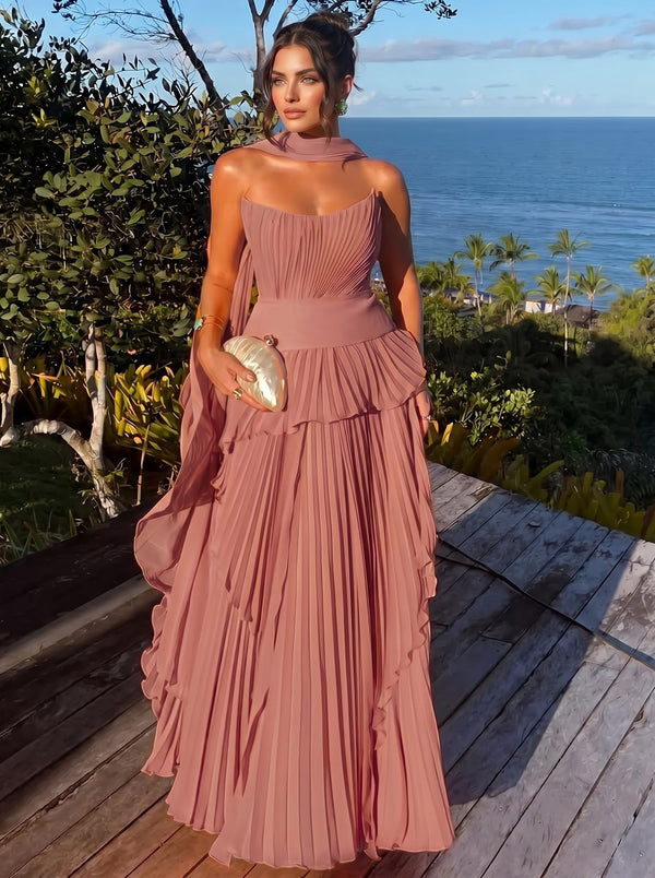 A Line/Princesses Evening Dresses Orange Grecian Style Chiffon Strapless Floor-Length Formal Dress Wedding Guest Layered With Scarf