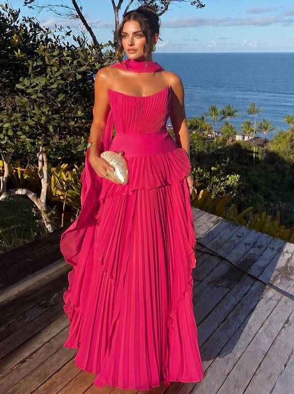 A Line/Princesses Evening Dresses Orange Grecian Style Chiffon Strapless Floor-Length Formal Dress Wedding Guest Layered With Scarf