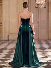 Sheath/Column Velvet Evening Gown Floor Length Strapless Sleeveless Beaded Elegant Formal Dress With Overskirt Zipper