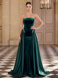 Sheath/Column Velvet Evening Gown Floor Length Strapless Sleeveless Beaded Elegant Formal Dress With Overskirt Zipper