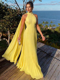 A Line/Princesses Evening Dresses Ruched Grecian Style Chiffon Halter Neck Floor-Length Formal Dress Wedding Guest Summer Dress