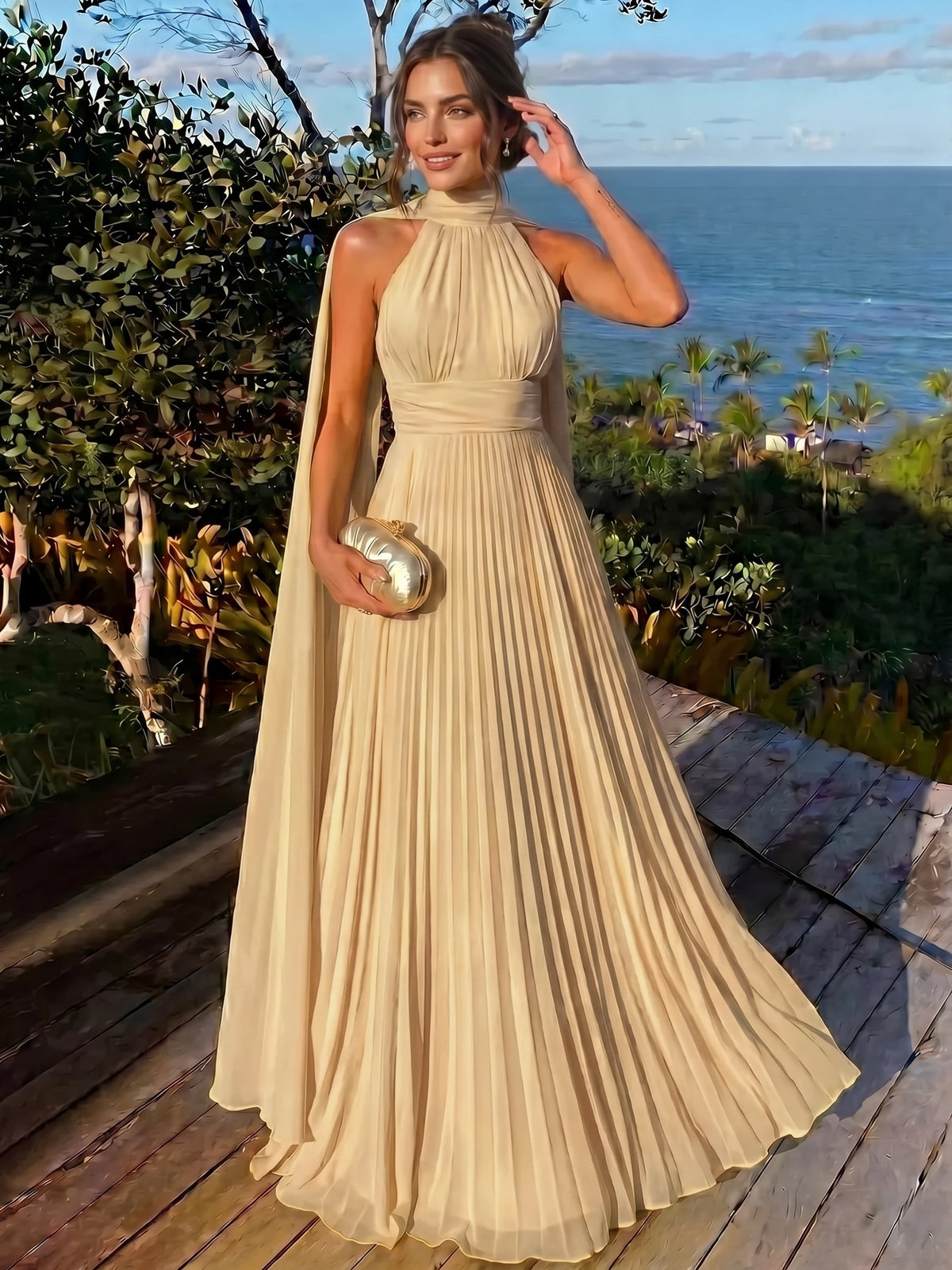 Nafori Ivory A Line/Princesses Evening Dresses Ruched Grecian Style Chiffon Pleated Halter Neck Floor-Length Formal Dress Wedding Guest Summer Dress