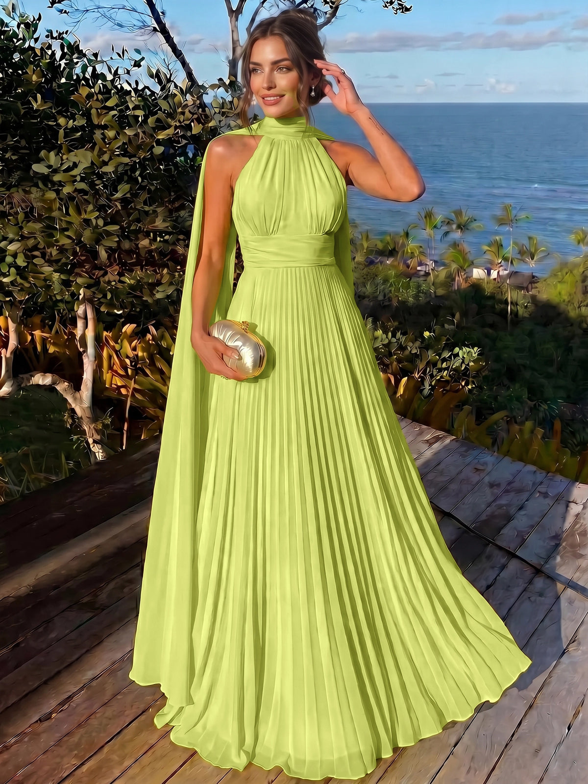 Nafori Yellow A Line/Princesses Evening Dresses Ruched Grecian Style Chiffon Pleated Halter Neck Floor-Length Formal Dress Wedding Guest Summer Dress