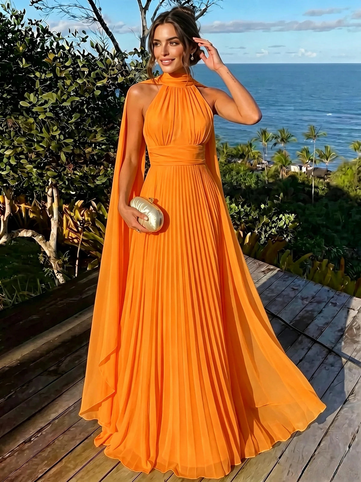 Nafori Yellow A Line/Princesses Evening Dresses Ruched Grecian Style Chiffon Pleated Halter Neck Floor-Length Formal Dress Wedding Guest Summer Dress