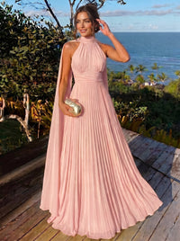 A Line/Princesses Evening Dresses Ruched Grecian Style Chiffon Halter Neck Floor-Length Formal Dress Wedding Guest Summer Dress