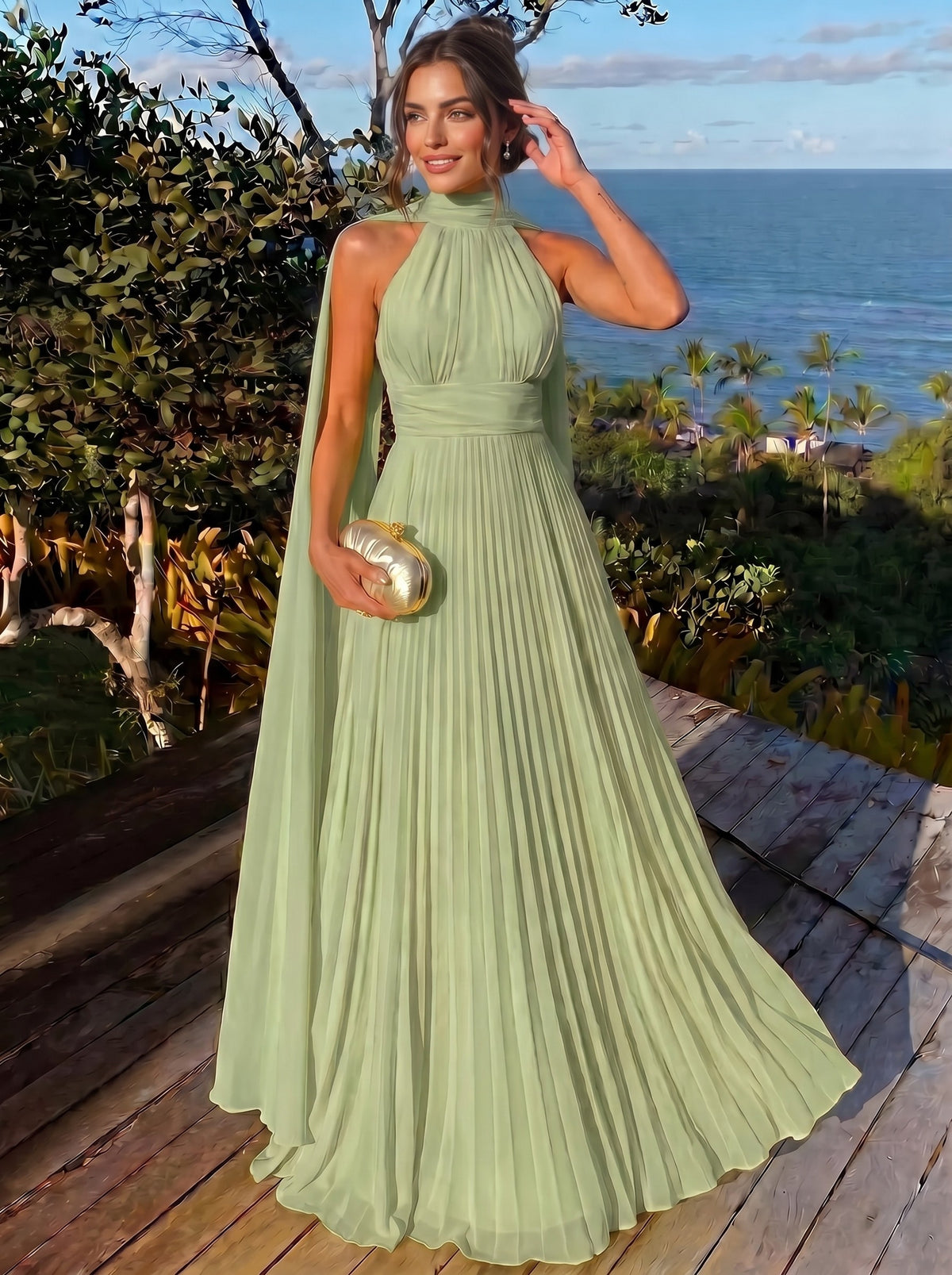 Nafori Ivory A Line/Princesses Evening Dresses Ruched Grecian Style Chiffon Pleated Halter Neck Floor-Length Formal Dress Wedding Guest Summer Dress