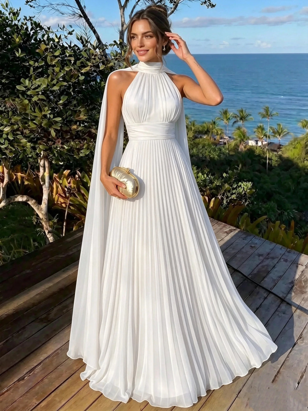 Nafori Ivory A Line/Princesses Evening Dresses Ruched Grecian Style Chiffon Pleated Halter Neck Floor-Length Formal Dress Wedding Guest Summer Dress