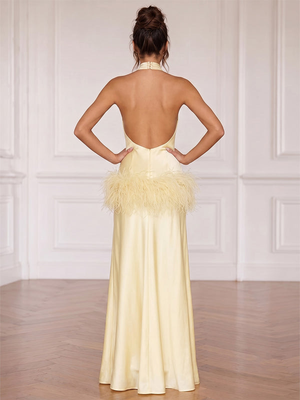 A-Line Evening Dresses Satin Halter Sleeveless Floor-length Feather Pleated Backless Zipper Formal Dresses