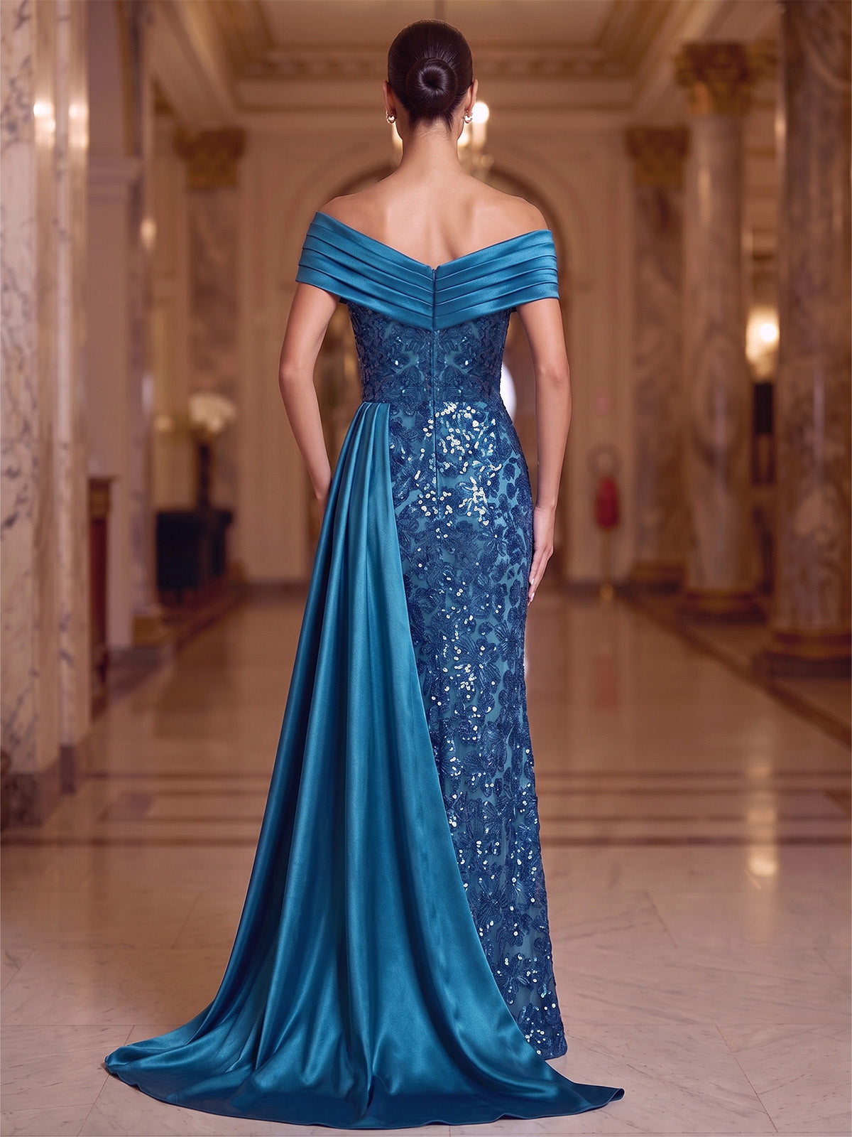 Sheath/Column Evening Dresses Elegant Sequins Satin Floor-Length Off-The-Shoulder Short Sleeves With Side Drape Ruched Zipper