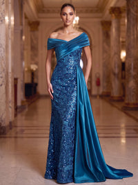 Sheath/Column Evening Dresses Elegant Sequins Satin Floor-Length Off-The-Shoulder Short Sleeves With Side Drape Ruched Zipper