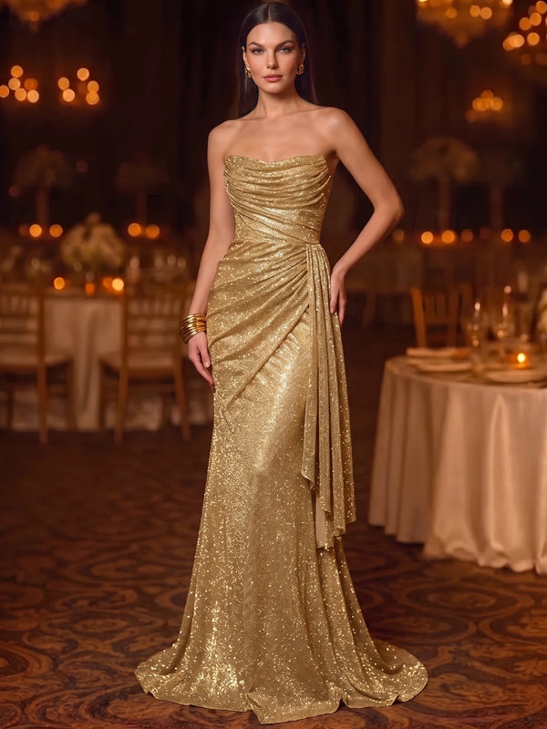 Sheath/Column Evening Dresses Gold Christmas Sequins Strapless Floor Length Sleeveless Sparkly Party Dress Runched With Side Drape