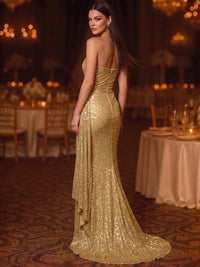 Sheath/Column Evening Dresses Gold Christmas Sequins Strapless Floor Length Sleeveless Sparkly Party Dress Runched With Side Drape