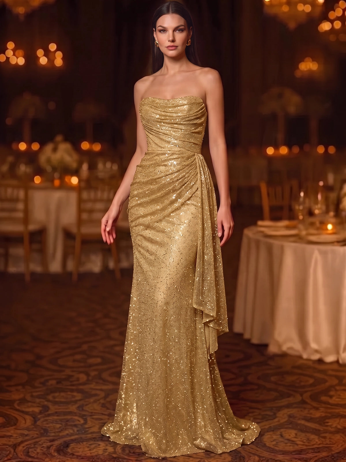 Sheath/Column Evening Dresses Gold Christmas Sequins Strapless Floor Length Sleeveless Sparkly Party Dress Runched With Side Drape
