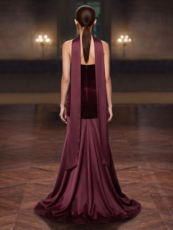 A-Line  Evening Dresses Elegant Velvet Satin Sleeveless Strapless Floor-Length Ruched Zipper Formal Dresses With Scarf
