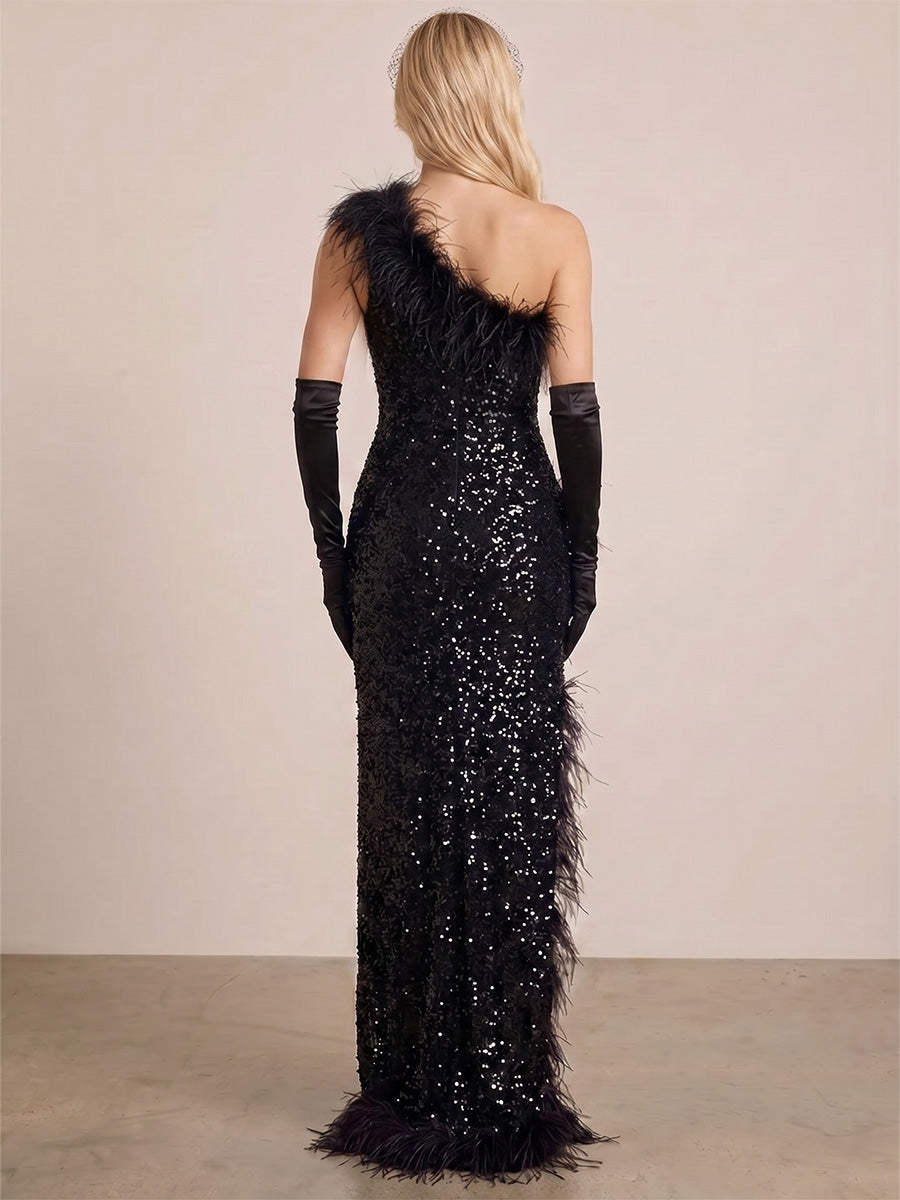 Sheath/Column Evening Dresses Elegant Sequins Floor-Length Sleeveless One-Shoulder With Feather Side Slit Zipper Formal Dresses