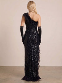 Sheath/Column Evening Dresses Elegant Sequins Floor-Length Sleeveless One-Shoulder With Feather Side Slit Zipper Formal Dresses