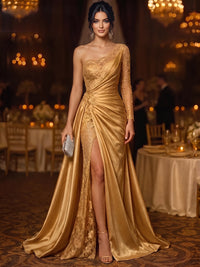 A-Line Evening Dress Satin One-Shoulder Lace Long Sleeves Gold Floor Length Runched Formal Wedding Guest Dress With High Slit Overskirt