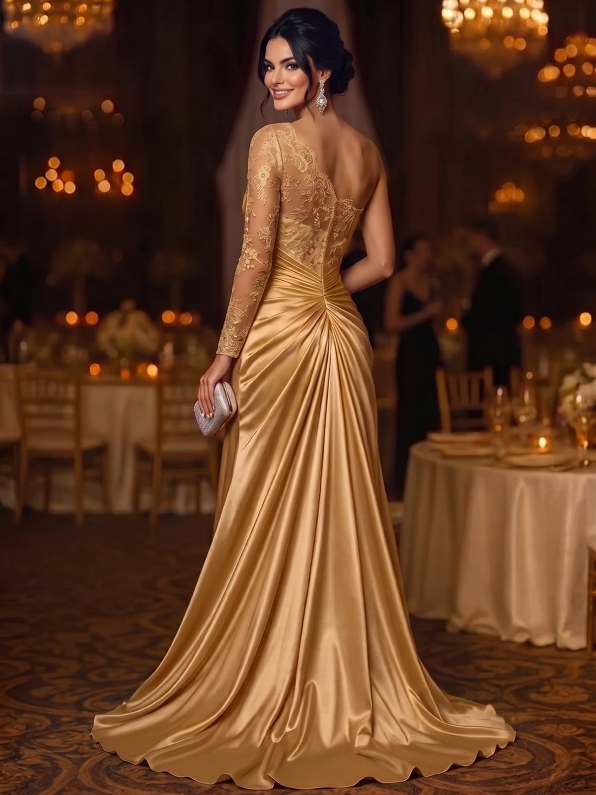 A-Line Evening Dress Satin One-Shoulder Lace Long Sleeves Gold Floor Length Runched Formal Wedding Guest Dress With High Slit Overskirt