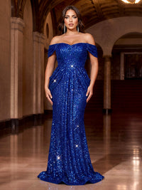 Mermaid/Trumpet Evening Dresses Elegant Sequins Floor-Length Off-The-Shoulder Short Sleeves Pleated Formal Dresses