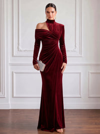 Sheath Velvet Evening Gown Floor Length Halter Neck Runched Burgundy Long Sleeves Elegant Formal Wedding Guest Dress