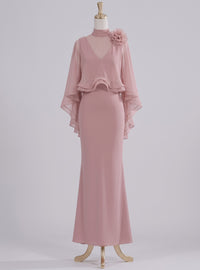 Sheath/Column Evening Gown Elegant Floor-Length Romantic Sleeveless V Neck Chiffon Flower With Cape