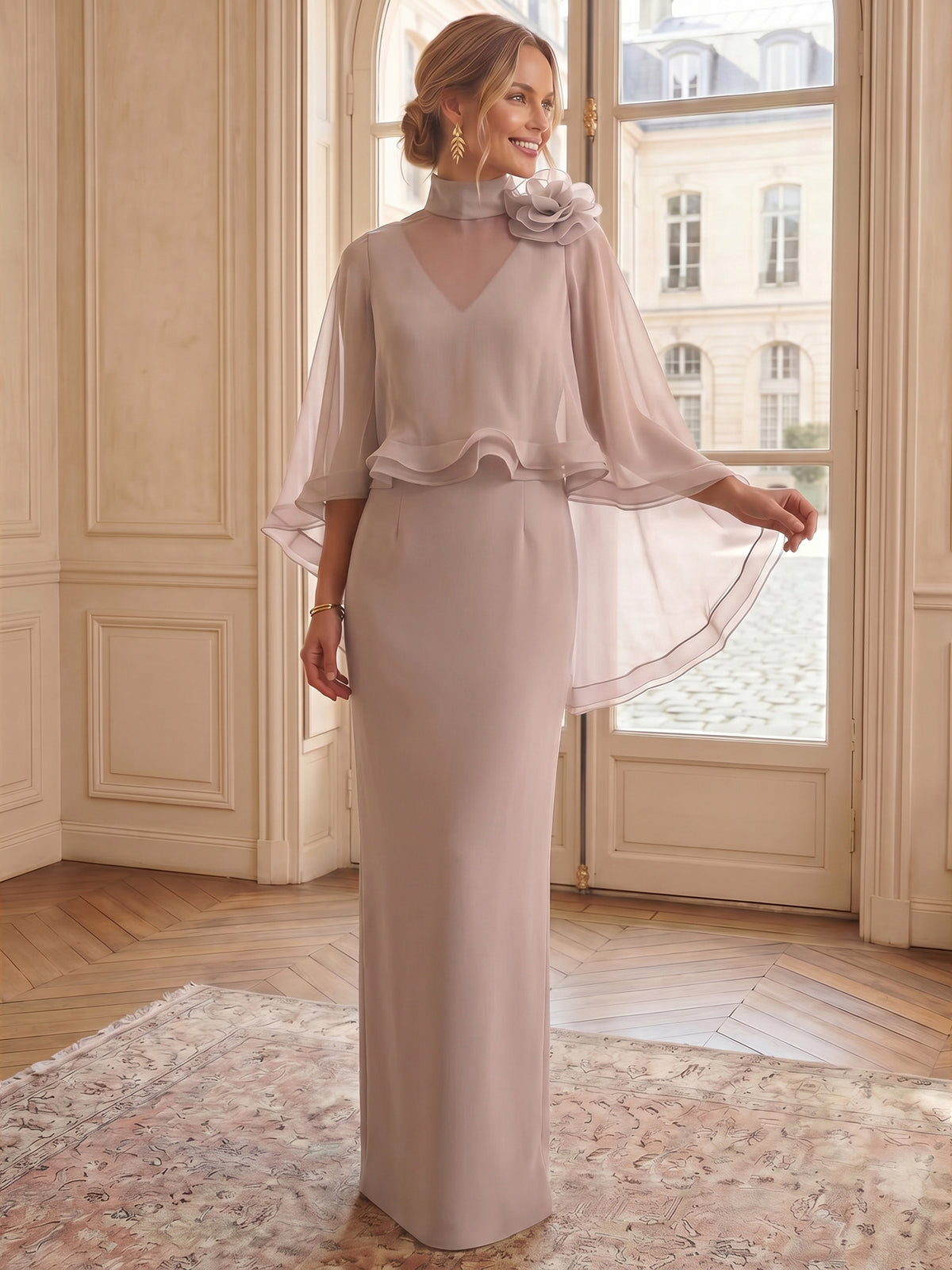 Sheath/Column Evening Gown Elegant Floor-Length Romantic Sleeveless V Neck Chiffon Flower With Cape