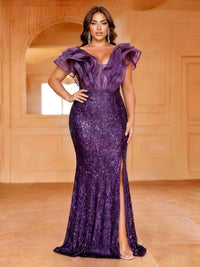 Mermaid/Trumpet Evening Dresses Elegant Sequins Chiffon Floor-Length V-Neck Short Sleeves Ruched Formal Dresses