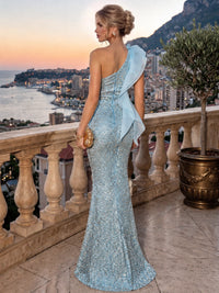 Sheath/Column Evening Dresses Blue Sequins Runched Floor Length One Shoulder Sleeveless With High Slit 3D Floral Ruffles