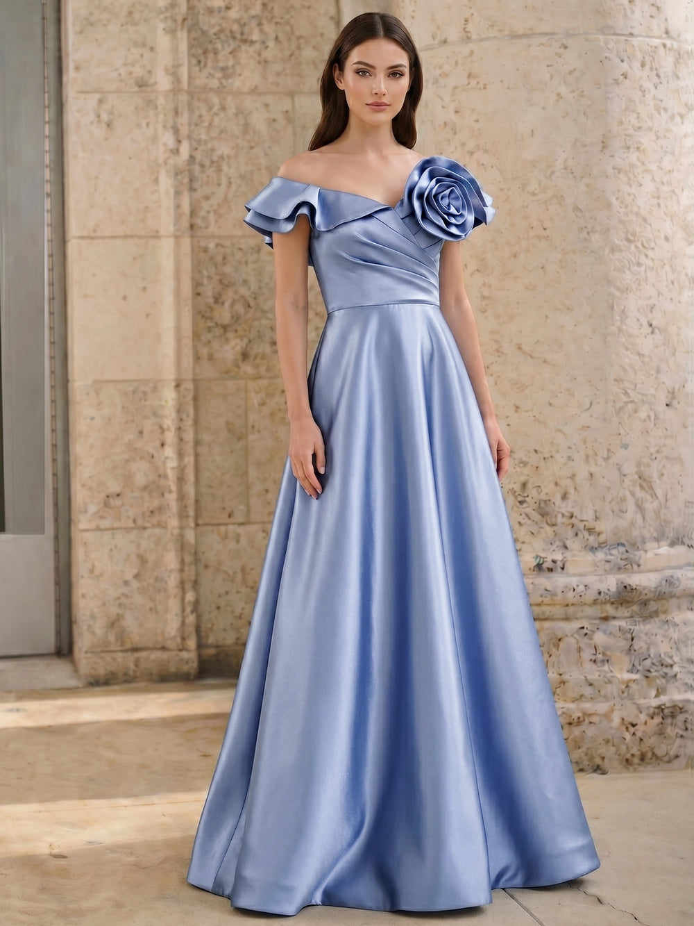 A-Line Evening Dress Party Off The Shoulder  Floor-Length Sleeveless Satin Ruched With Flower