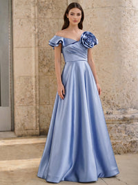 A-Line Evening Dress Party Off The Shoulder  Floor-Length Sleeveless Satin Ruched With Flower