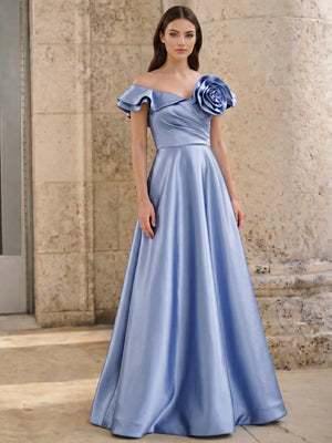 A-Line Evening Dress Party Off The Shoulder  Floor-Length Sleeveless Satin Ruched With Flower