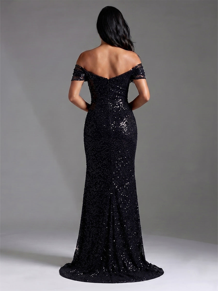 Mermaid/Trumpet Evening Dresses Elegant Sequins Floor-Length Off-The-Shoulder Short Sleeves Side Slit Formal Dresses