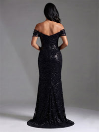 Mermaid/Trumpet Evening Dresses Elegant Sequins Floor-Length Off-The-Shoulder Short Sleeves Side Slit Formal Dresses